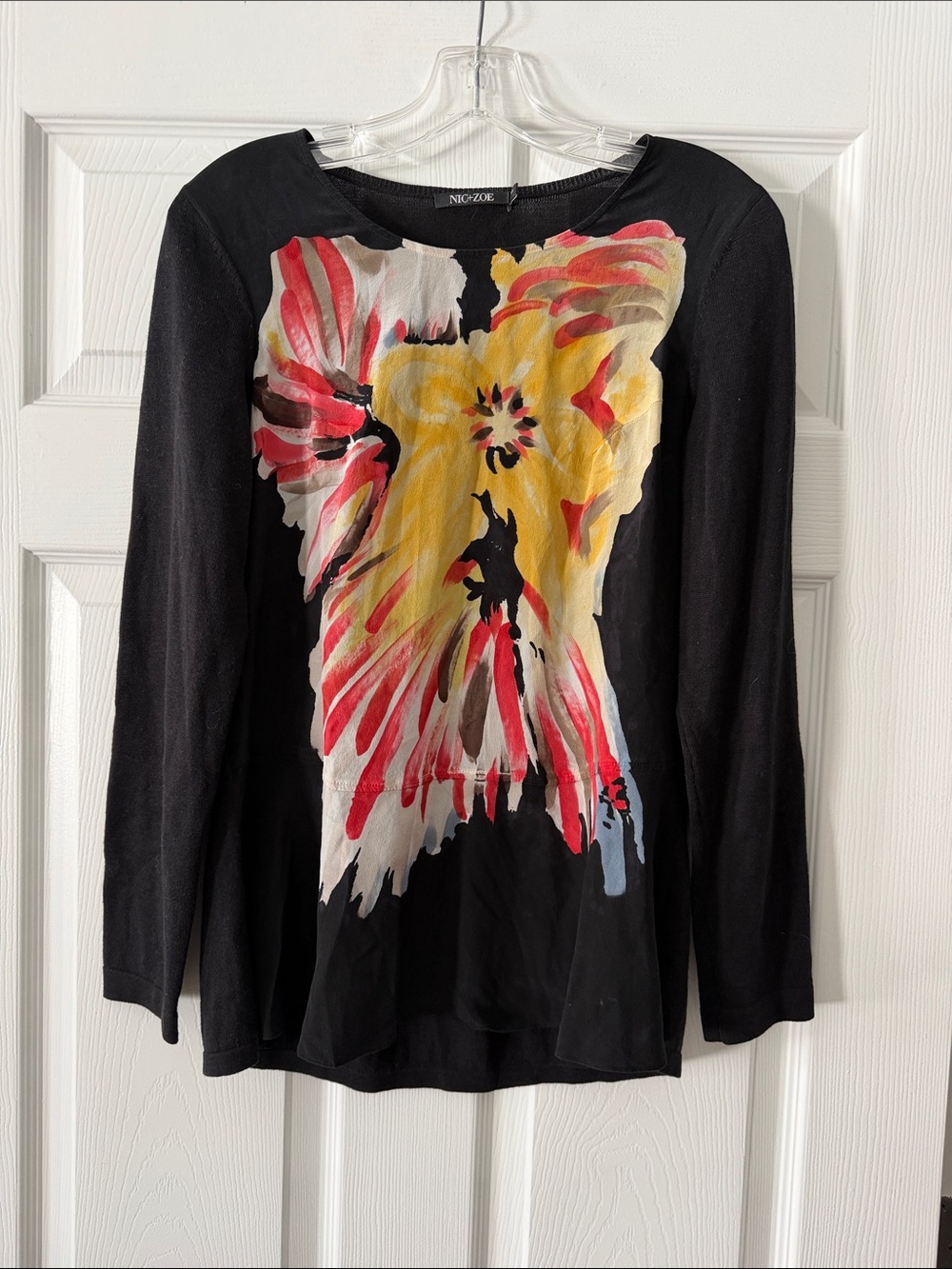 NIC+ZOE Black Long-Sleeve Top with Yellow & Red Floral Front